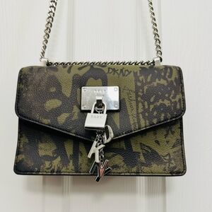 DNKY Elissa Leather Green Graphic Print Small Crossbody Bag